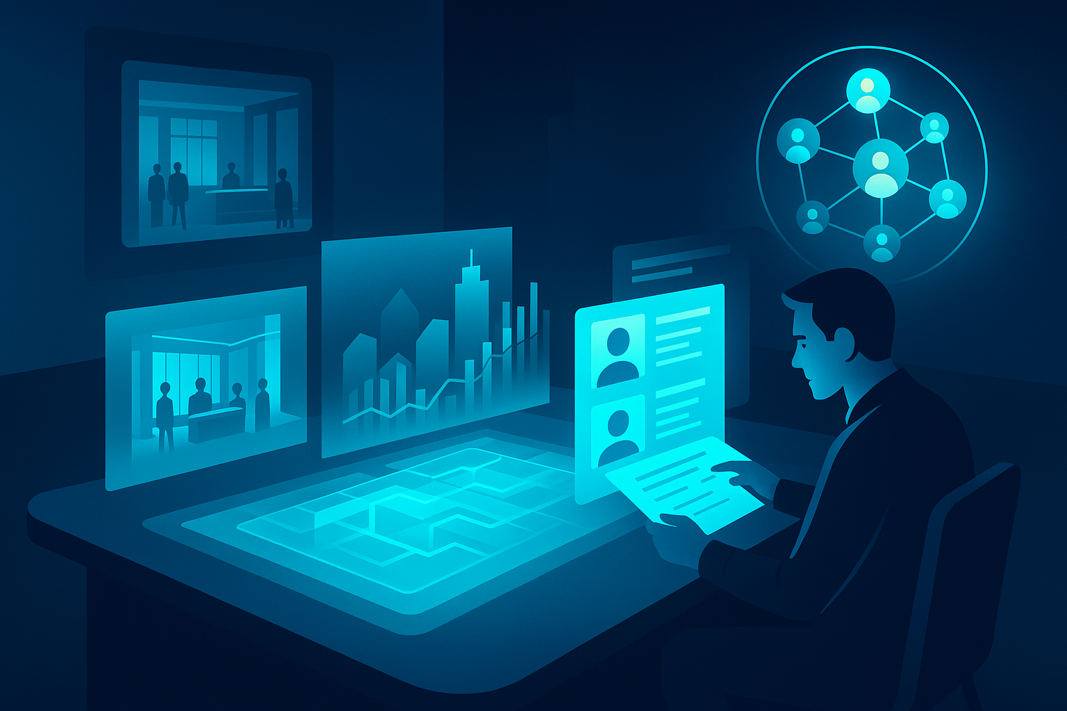 Modern tech workspace with holographic maps and cityscape