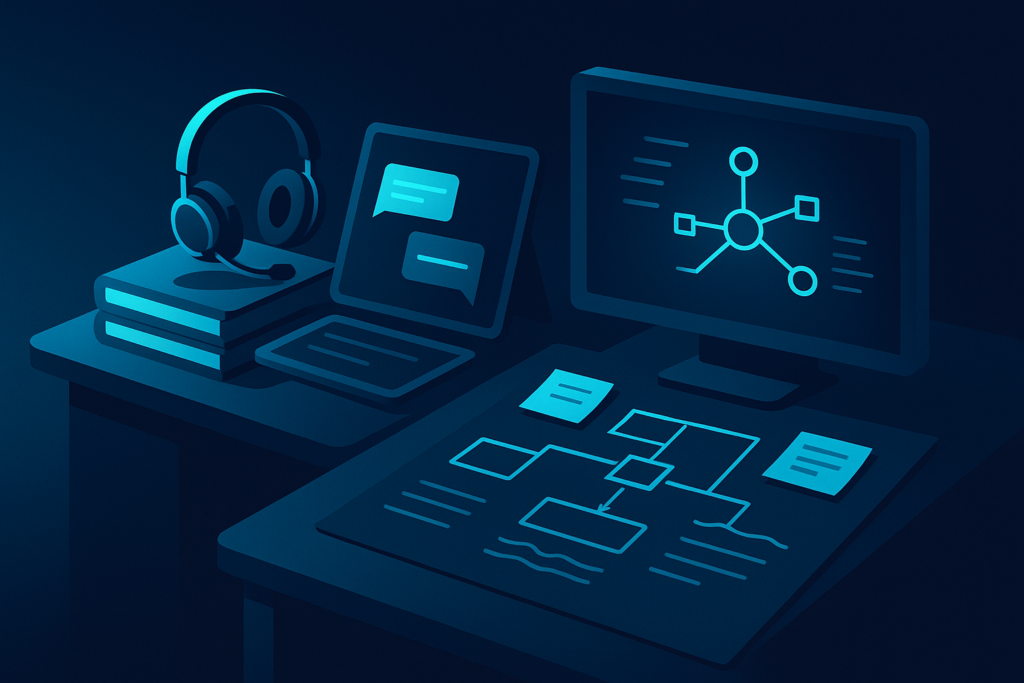 Modern tech workspace with interconnected desks, support tools, flowcharts, and network maps in neon lighting.