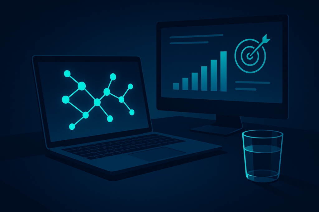 Modern tech workspace with laptop, data streams, dashboard, and glass of water in neon glow.