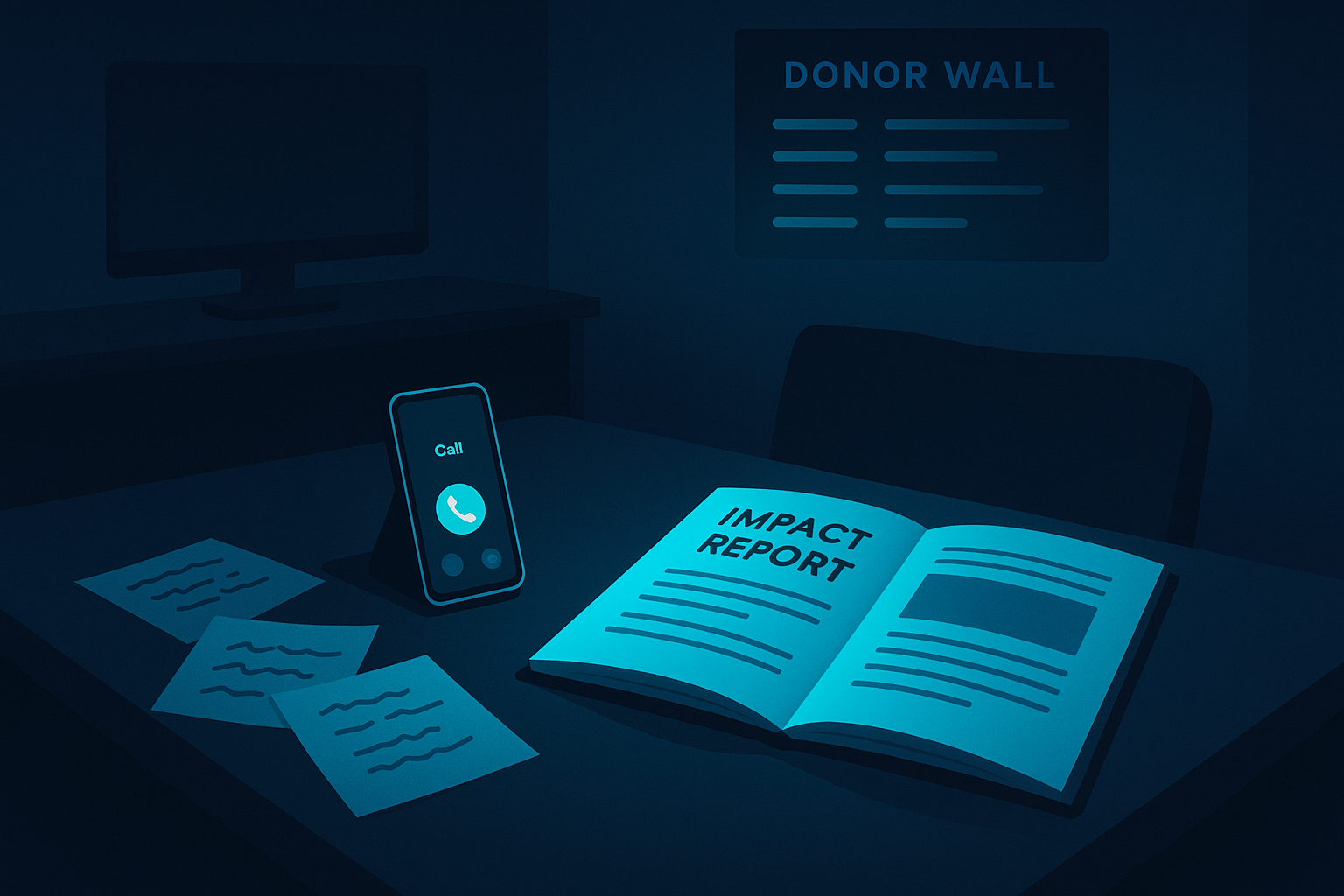 Modern tech workspace with notes, glowing phone, impact reports, and digital donor wall.