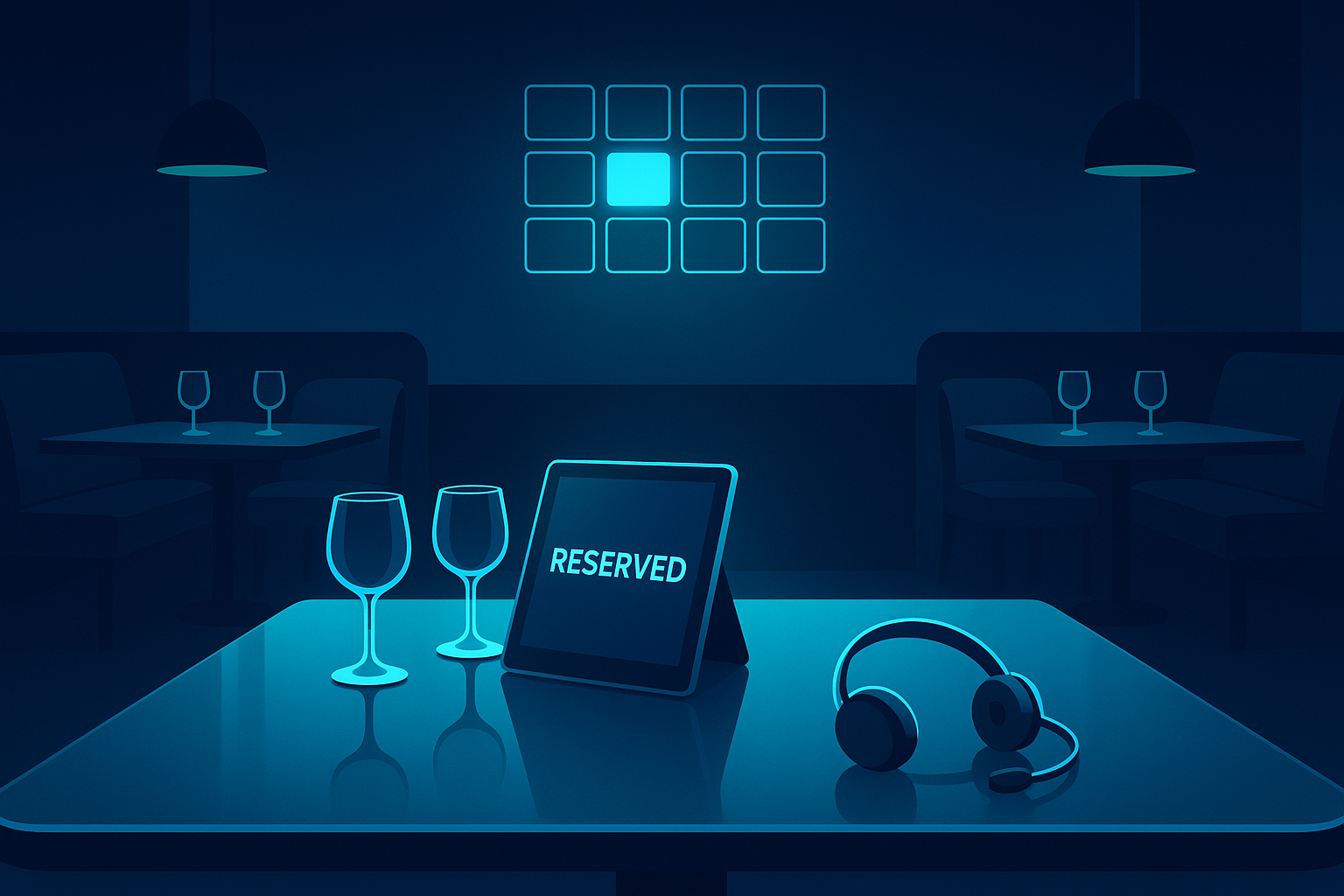 Modern upscale restaurant interior with digital reservation tablet, seating chart, and headset.
