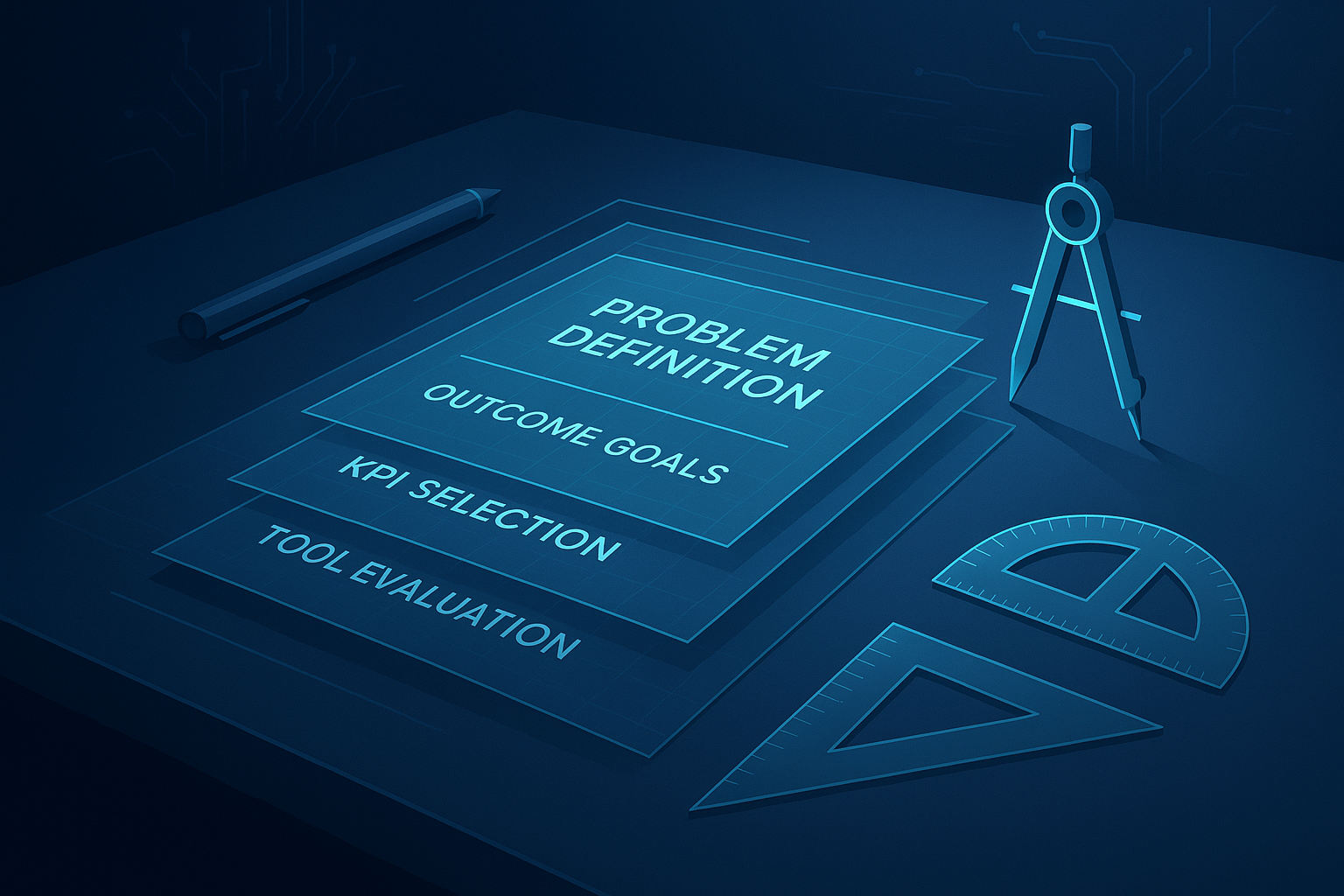 Modern workspace with blueprint sheets, digital pen, compass, and protractor on dark, neon-lit background.