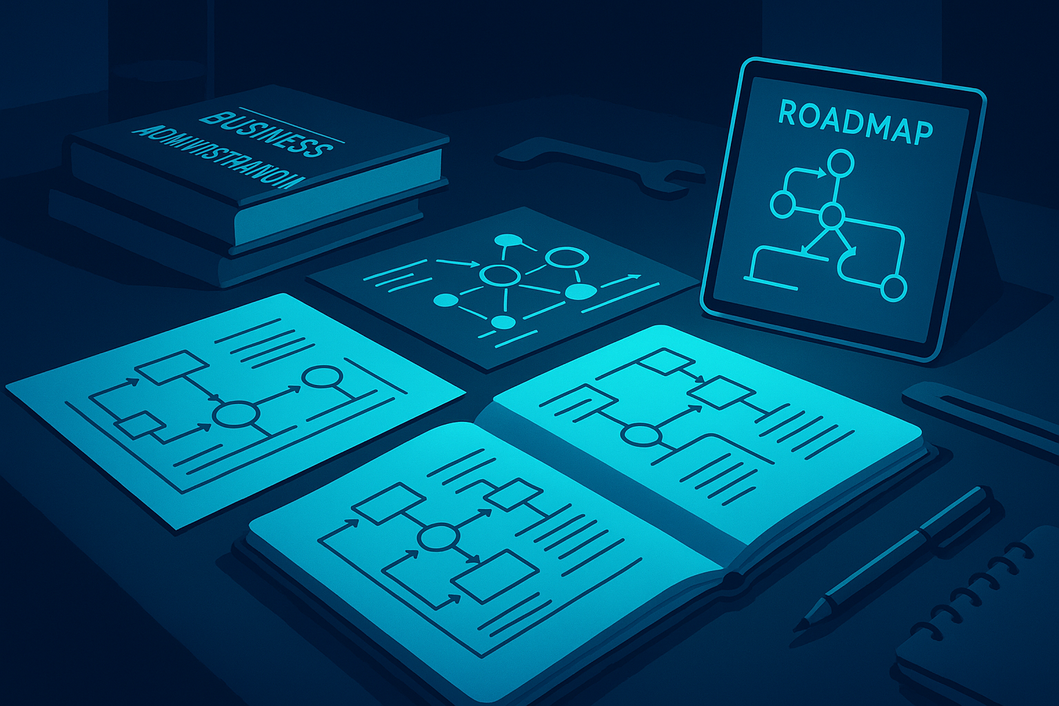 Modern workspace with blueprints, flowcharts, notebooks, and digital tablet on dark neon-lit background.