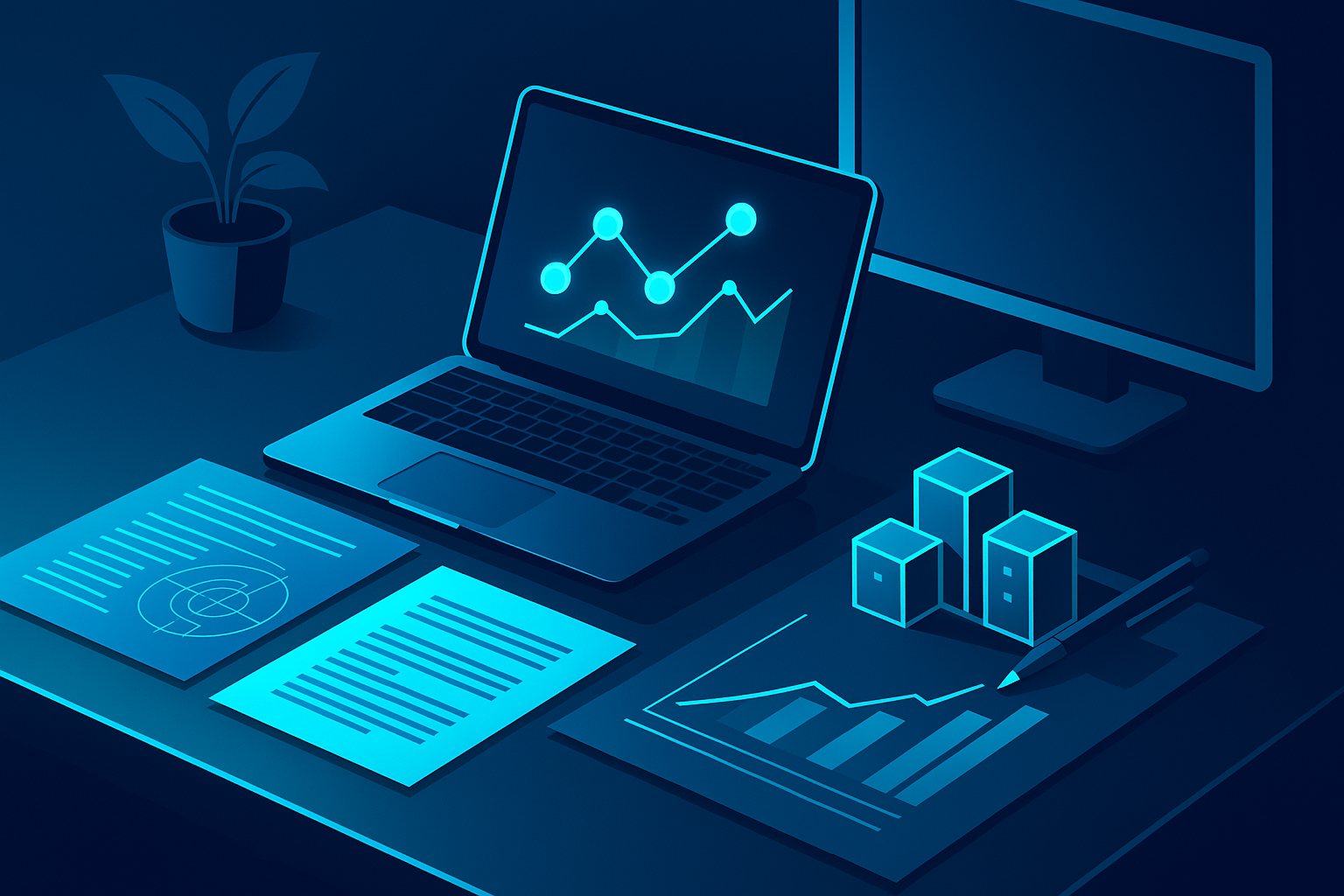Modern workspace with blueprints and digital reports representing strategic business services planning