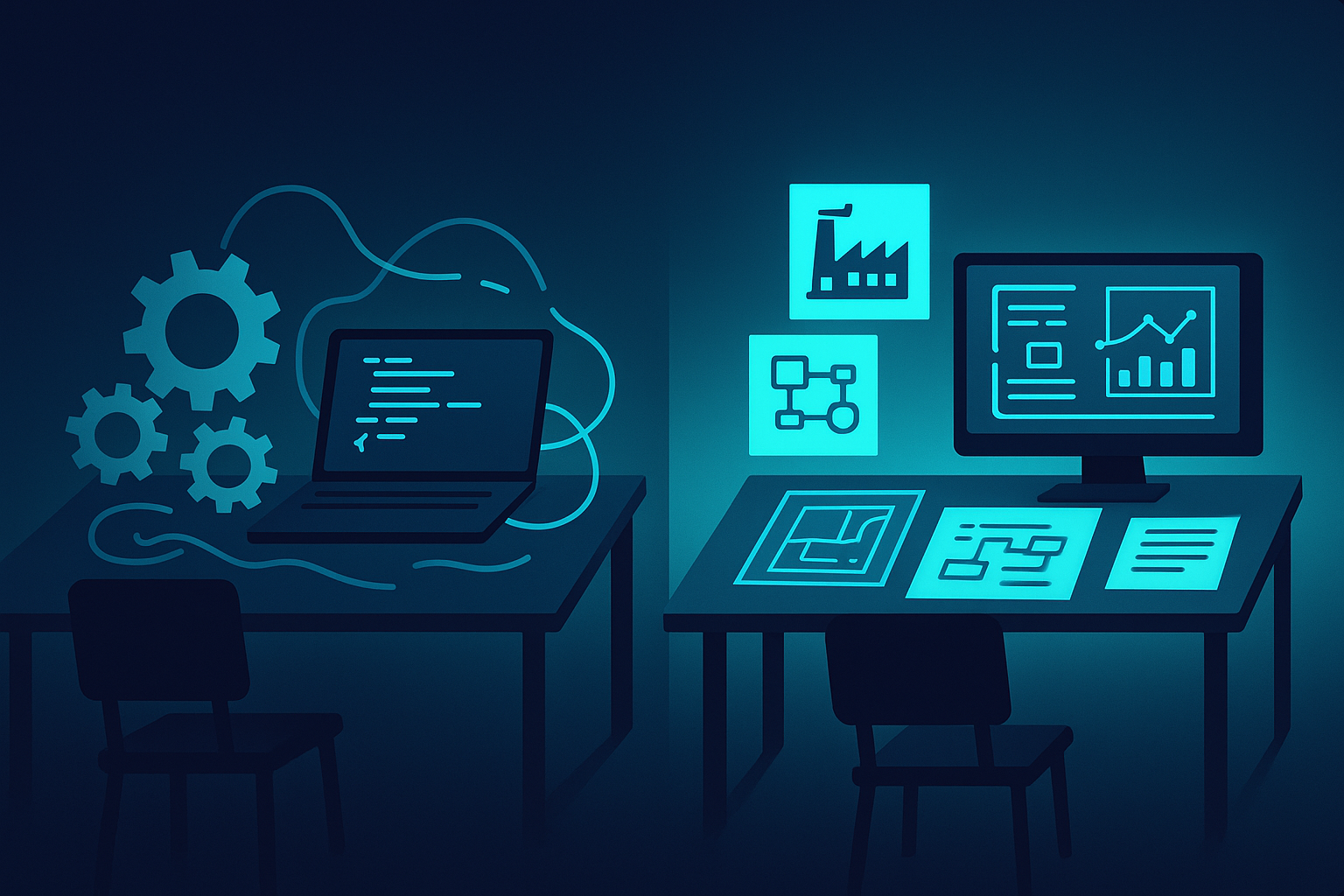 Modern workspace with contrasting desks: cluttered automation tools and organized industry blueprints.