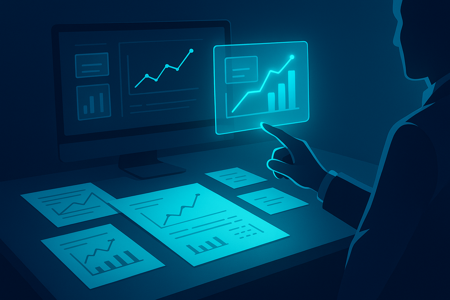 Modern workspace with data charts, digital graphs, and a hand pointing at holographic interface.