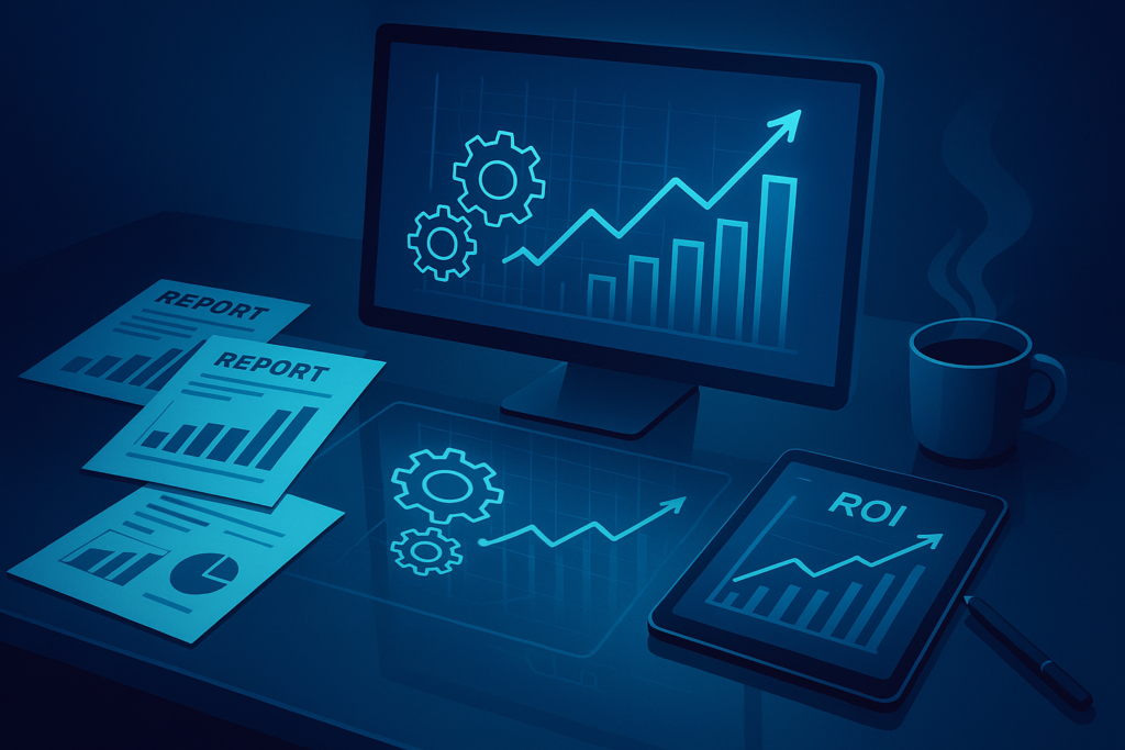 Modern workspace with digital blueprint, financial reports, tablet, stylus, and coffee under neon lighting.