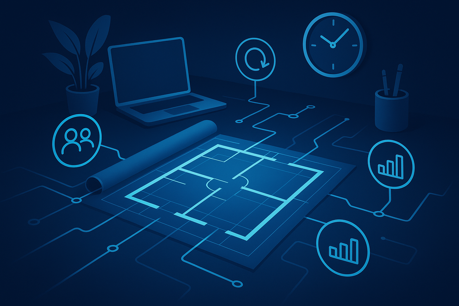 Modern workspace with digital blueprint, glowing circuits, clock, and collaboration icons on dark tech background.