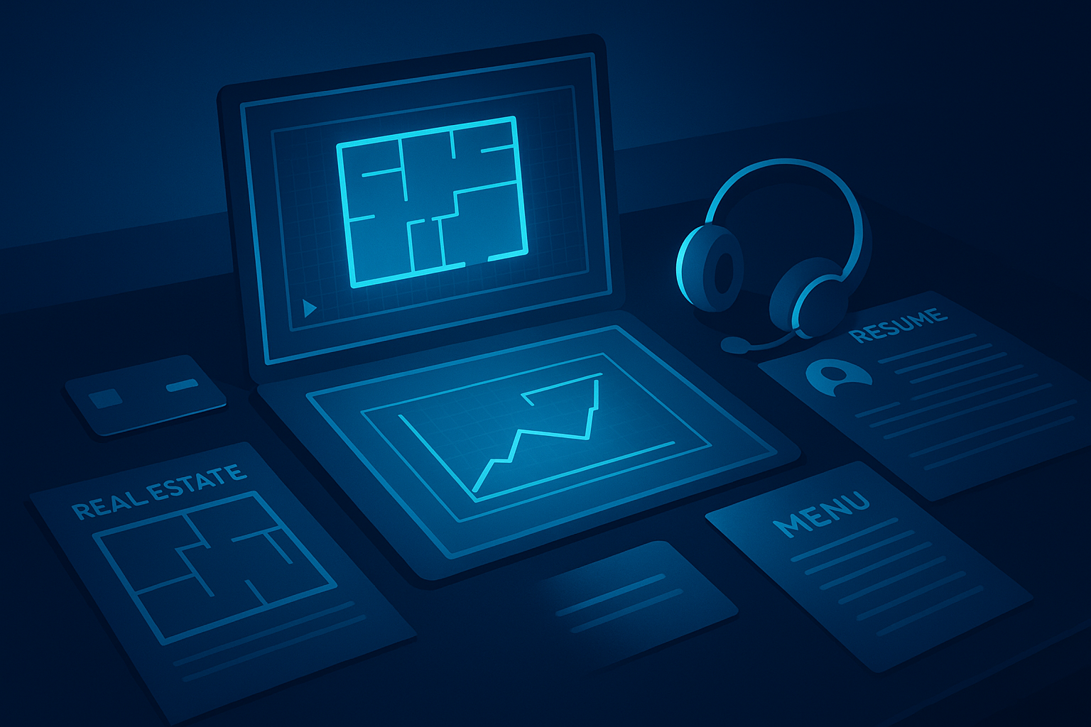 Modern workspace with digital blueprint, real estate plan, resume, fundraising chart, and hospitality menu.