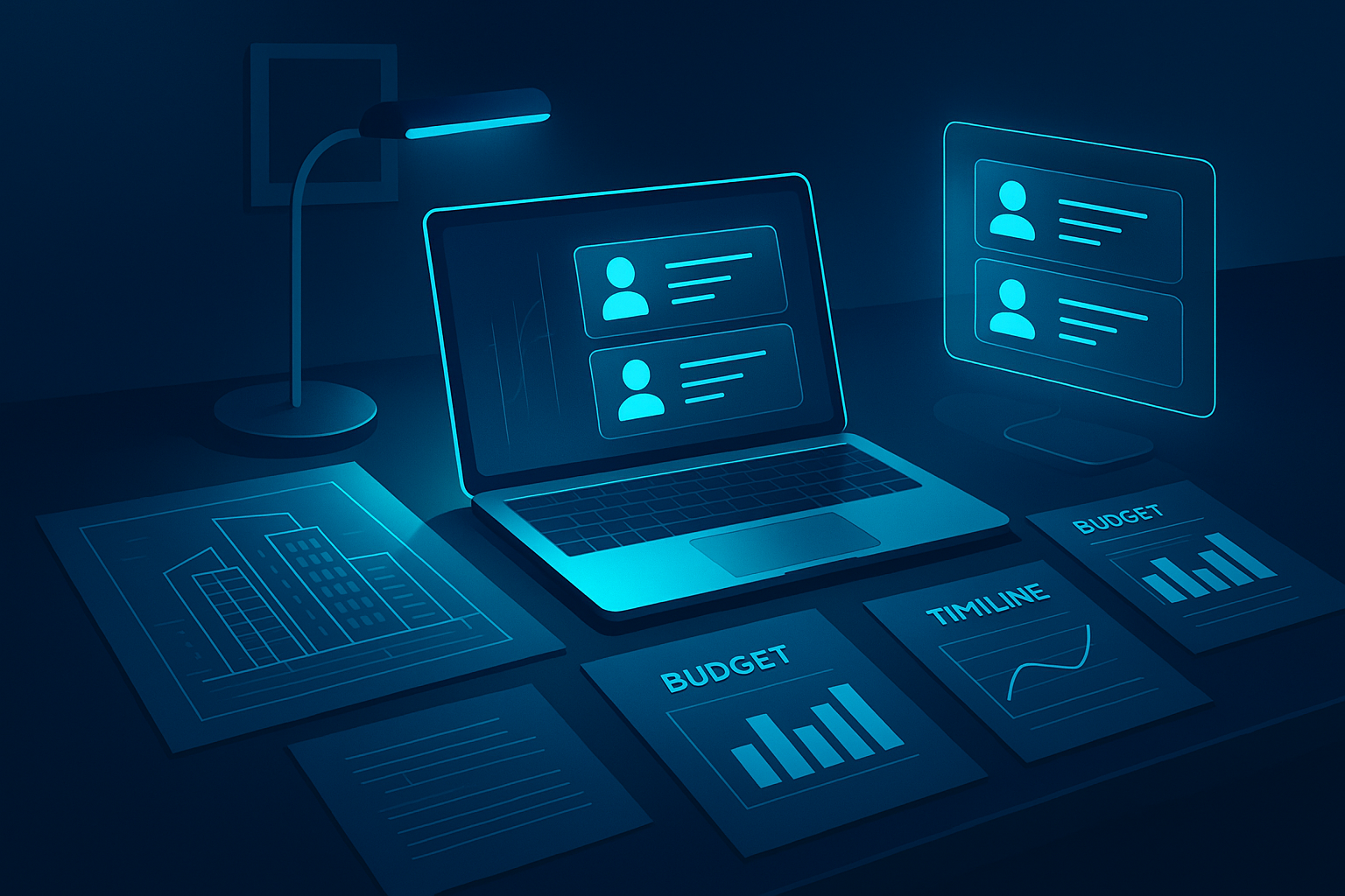 Modern workspace with digital blueprints, charts, and holographic profiles in neon-lit blue and cyan tones.