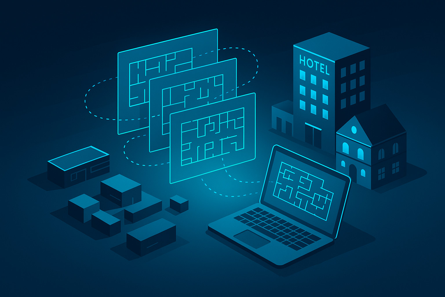 Modern workspace with digital blueprints, data streams, and architectural models in neon blue and cyan.
