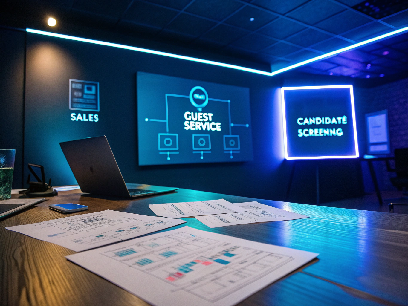 Modern workspace with digital blueprints, flowchart, holographic checklist, and transparent screens.