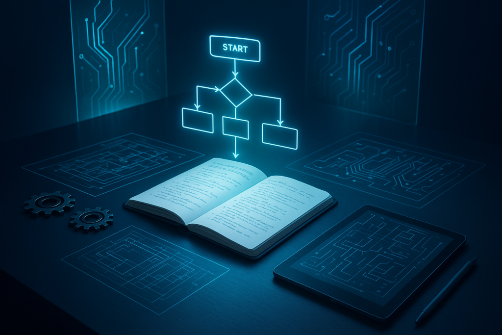 Modern workspace with digital blueprints, holographic flowchart, and tech gadgets in neon glow.