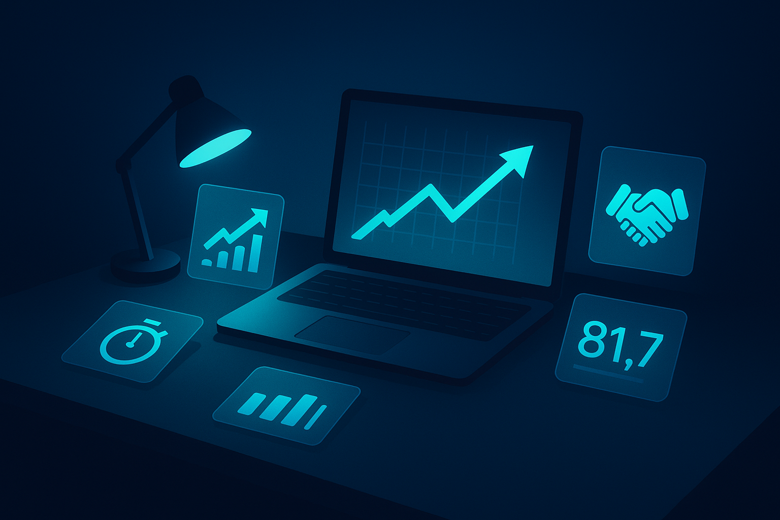 Modern workspace with digital charts, stopwatch, intertwined hands, and glowing KPIs in neon blue tones.