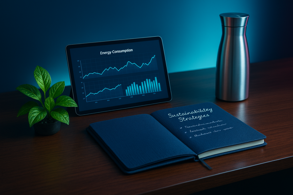 Modern workspace with digital energy graphs, green plants, water carafe, and sustainability notes.