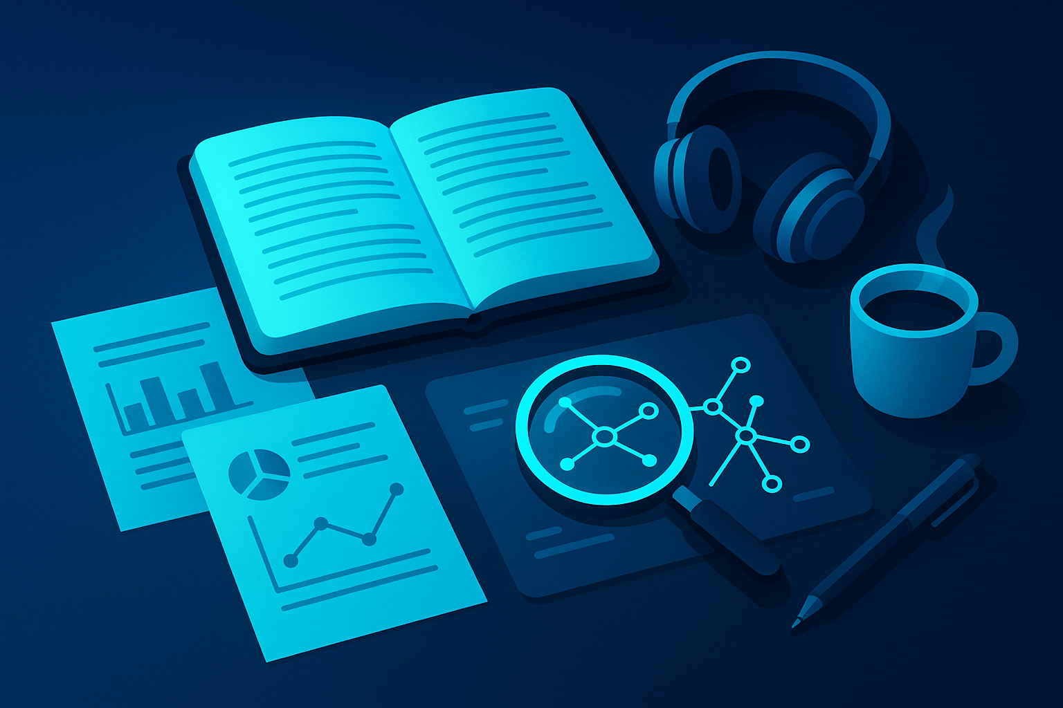 Modern workspace with digital notes, charts, magnifying glass, headset, pen, and coffee.