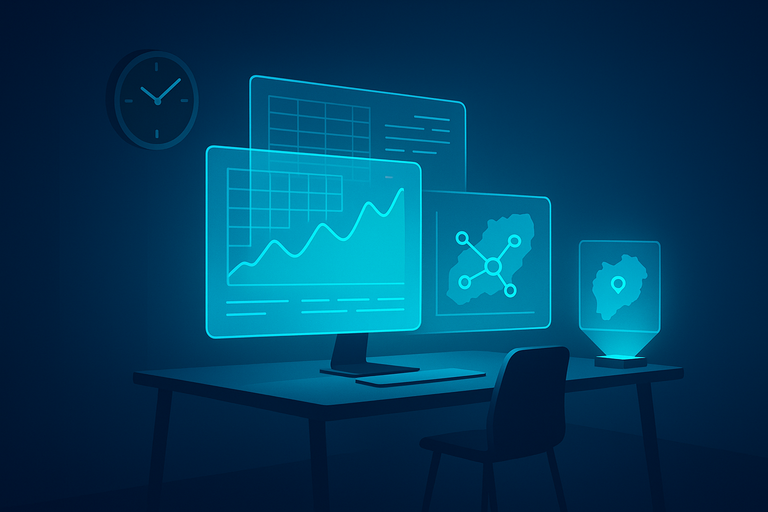Modern workspace with digital screens, holographic map, and neon blue data visuals.