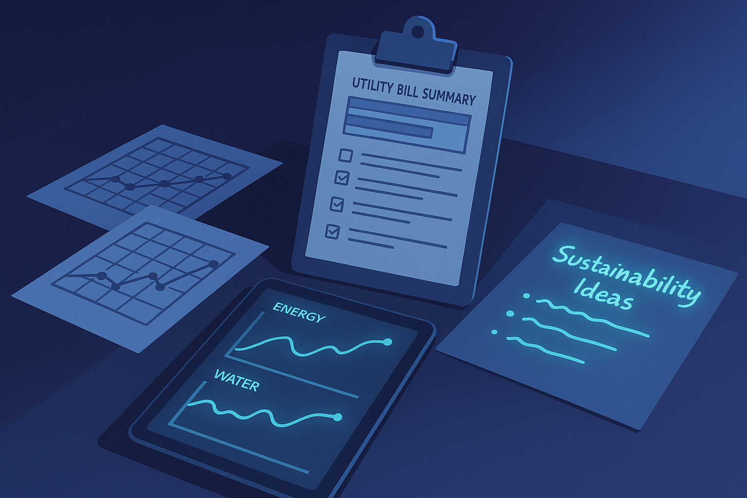Modern workspace with digital tablet, tracking sheets, notes, and utility summaries in neon-lit environment.