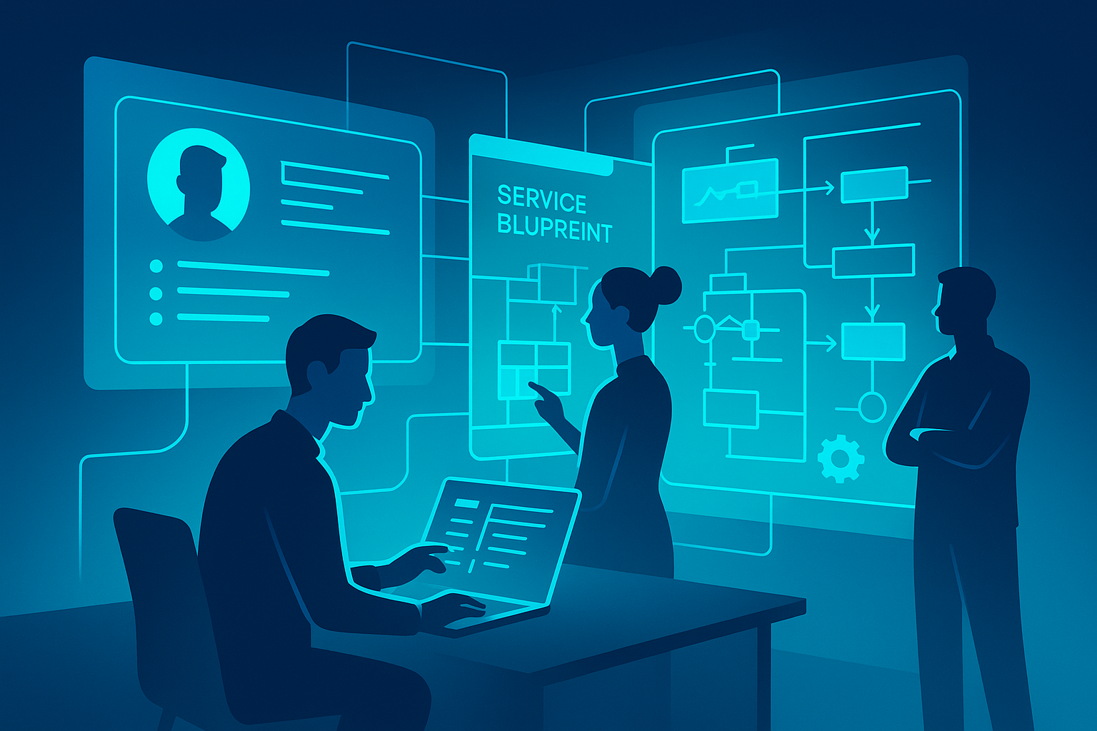 Modern workspace with diverse professionals interacting with holographic data displays in neon blue tones.