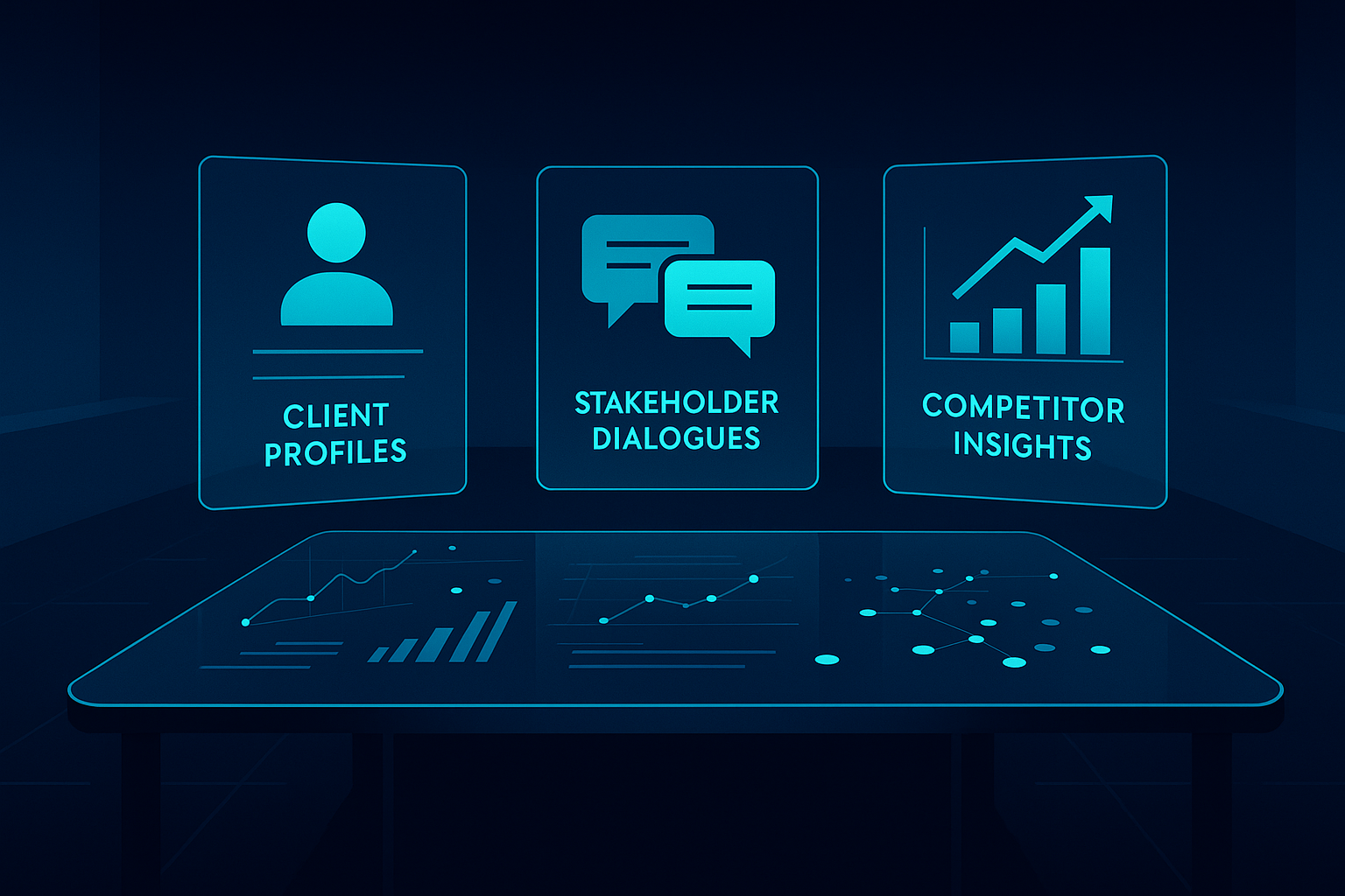 Modern workspace with floating data panels, holographic charts, and neon blue accents.