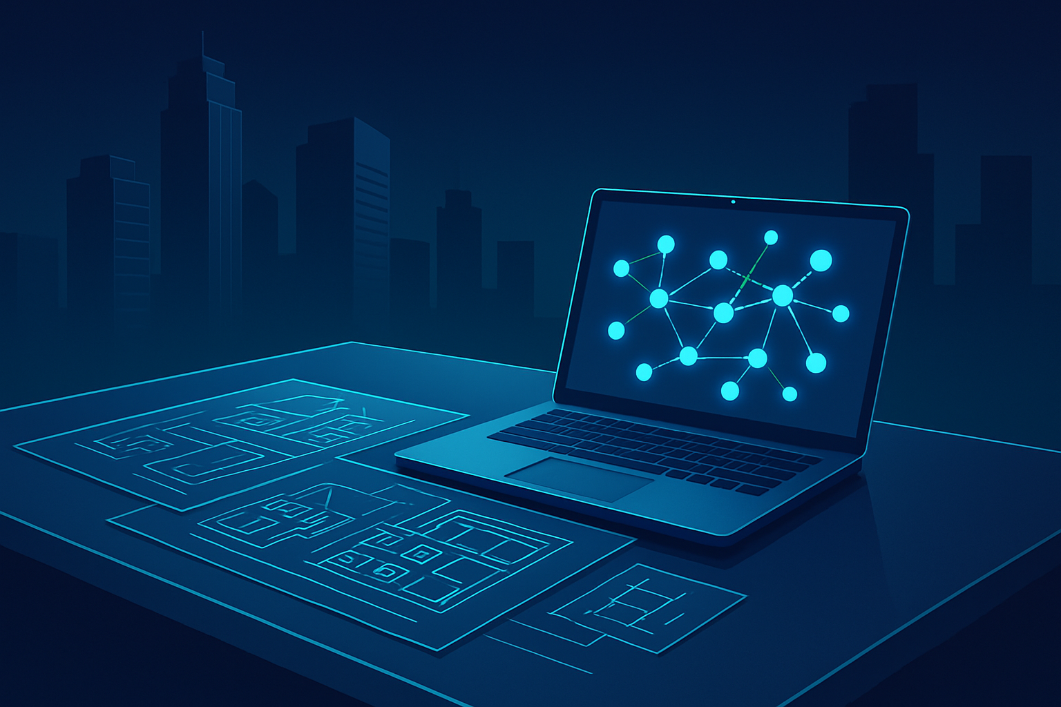 Modern workspace with glass desk, blueprints, laptop, city skyline, neon glow, and data visualization.