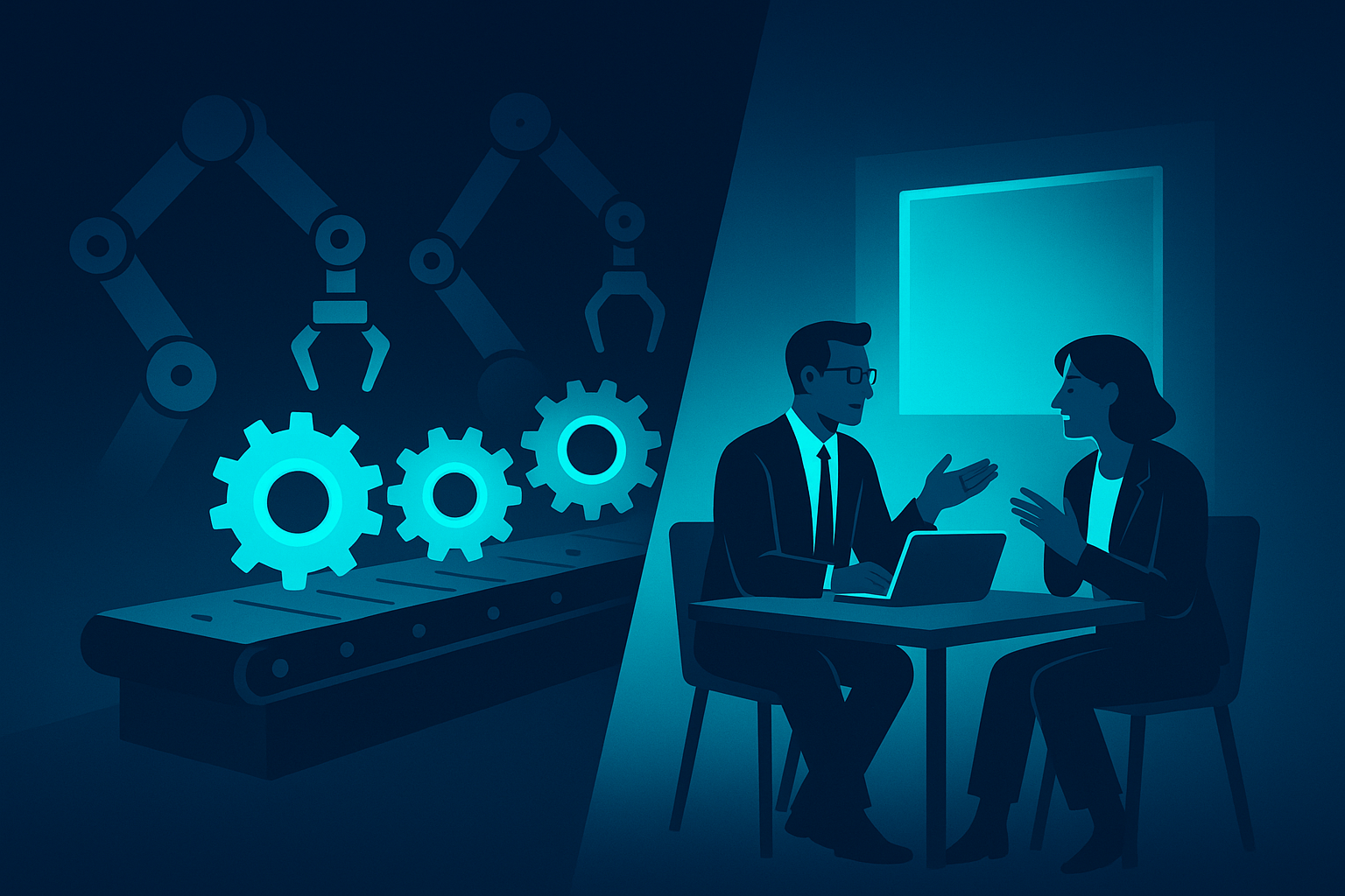 Modern workspace with glowing gears, robotic arms, and two professionals discussing under cyan neon light.