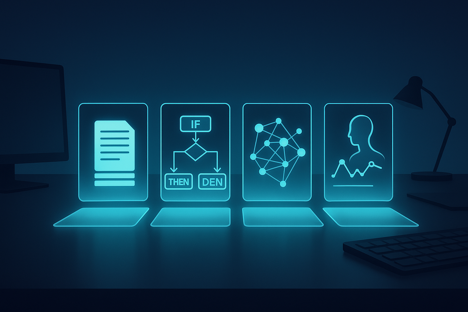 Modern workspace with glowing holographic panels illustrating automation concepts on dark background.