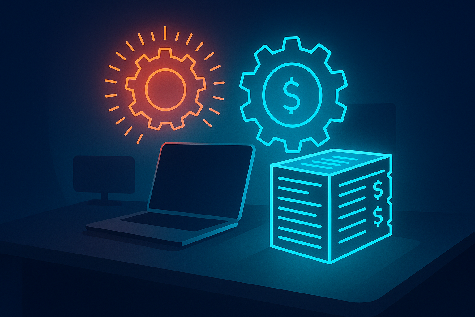 Modern workspace with glowing interconnected gears and digital ledgers in neon blue and cyan.