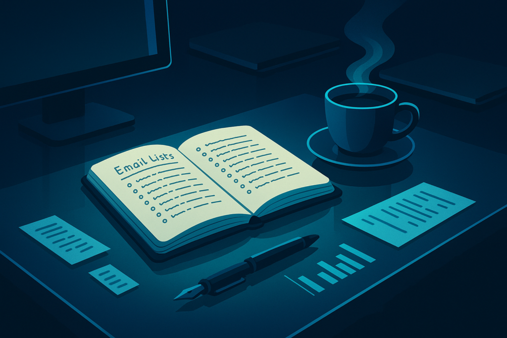 Modern workspace with handwritten email lists, coffee, pen, receipts, and glowing data charts.