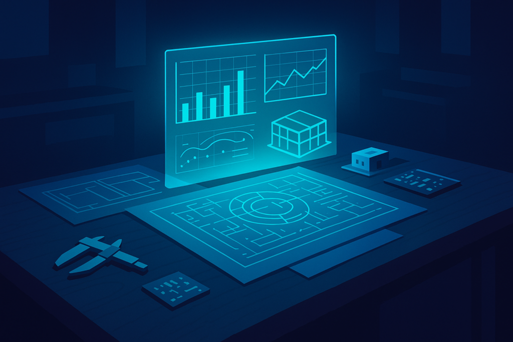Modern workspace with holographic blueprints, tools, and neon cyan accents on dark blue background.