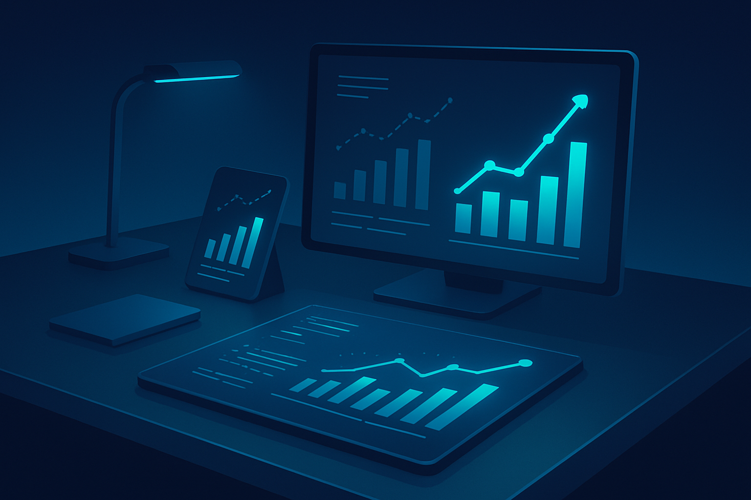 Modern workspace with holographic data charts and glowing digital graphs in neon blue tones.