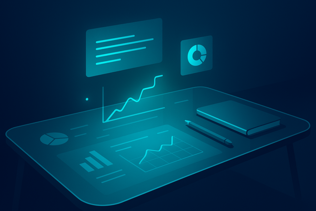 Modern workspace with holographic data charts, glowing interface, glass table, and digital pen.