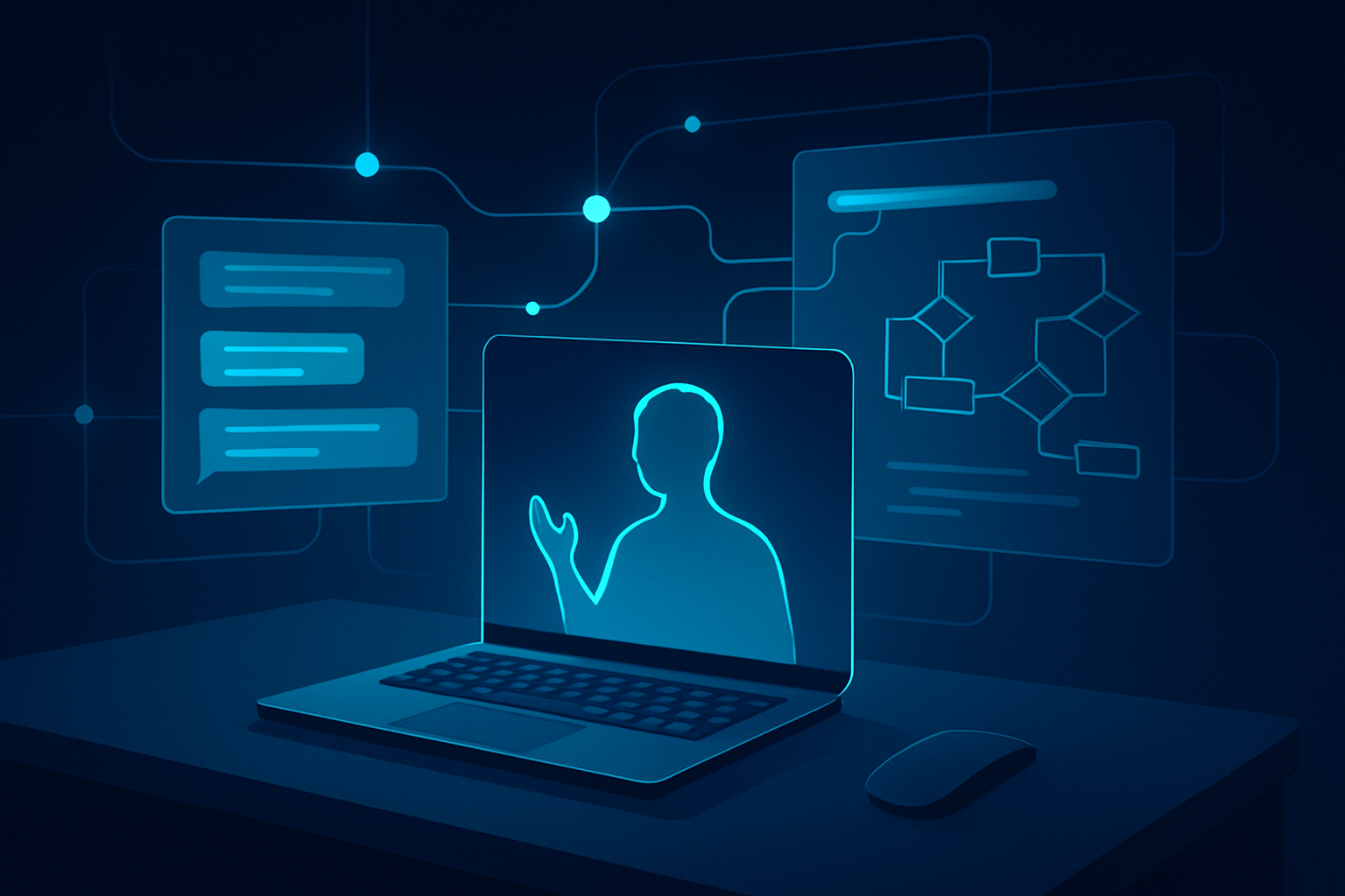 Modern workspace with holographic data streams, digital panels, AI avatar, and sleek tech setup.