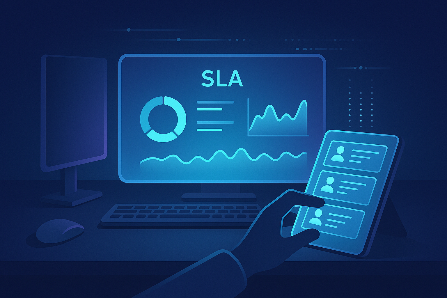 Modern workspace with holographic SLA dashboard, digital tablet, and automated data streams in neon glow.