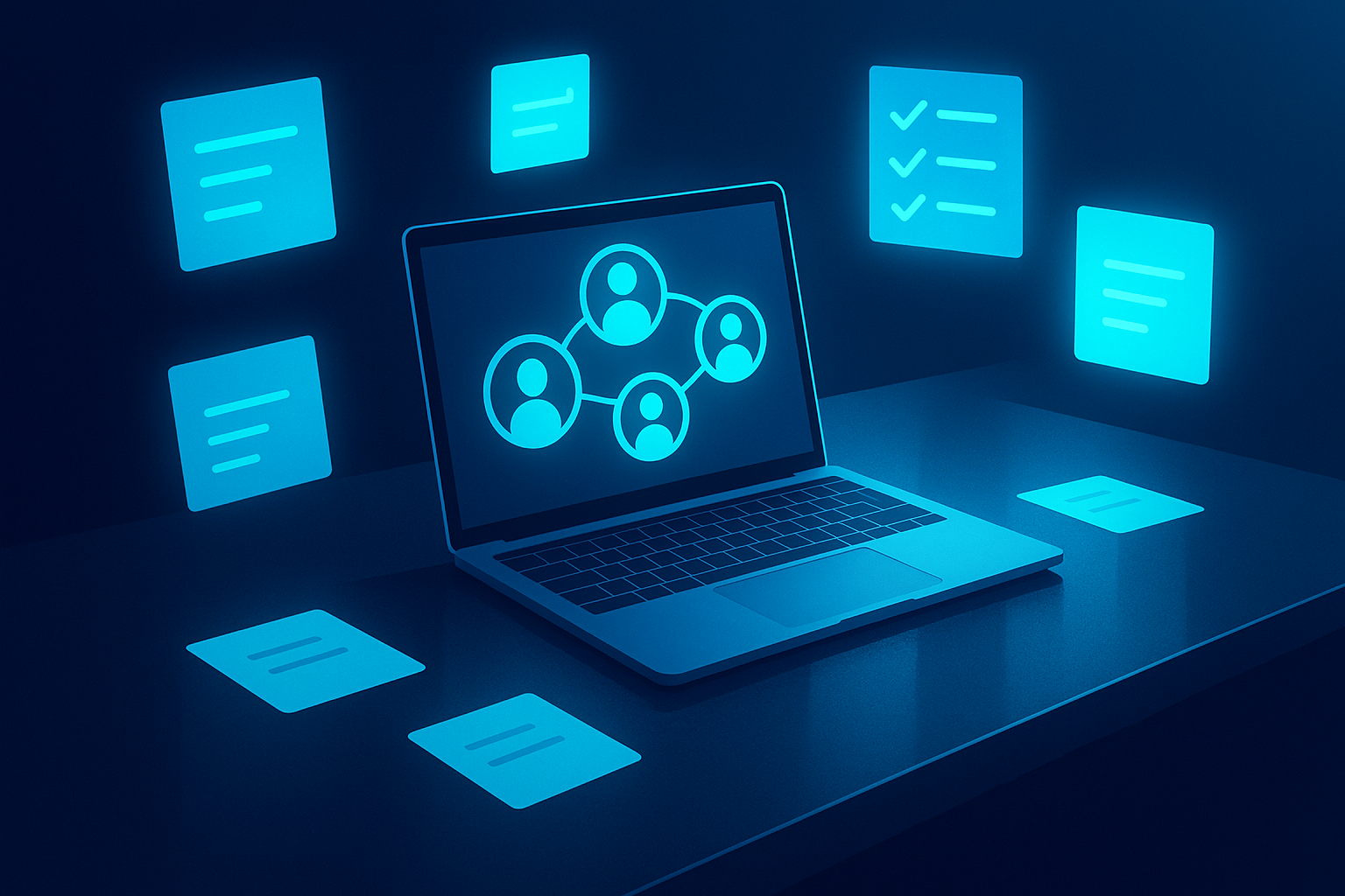 Modern workspace with laptop, floating checklists, digital notes, and profile icons in neon glow.