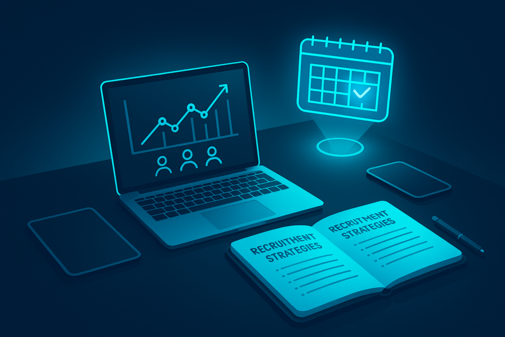 Modern workspace with laptop, holographic calendar, and notebook illuminated by neon blue and cyan.