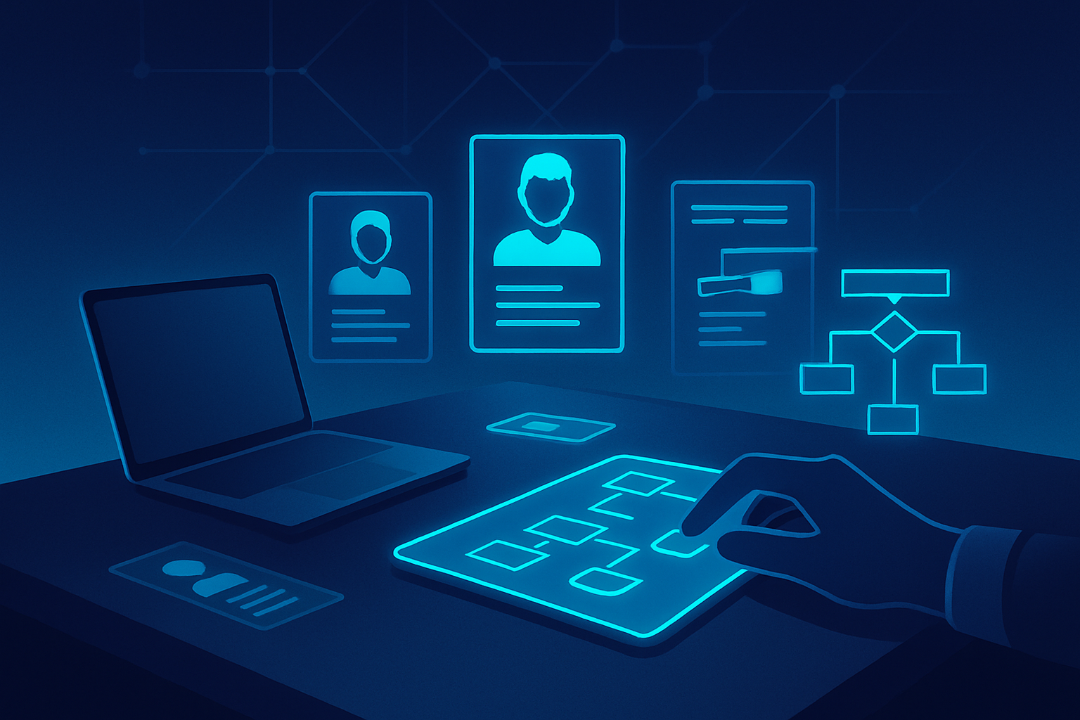 Modern workspace with laptop, holographic profiles, flowcharts, and a hand over a glowing touchscreen.