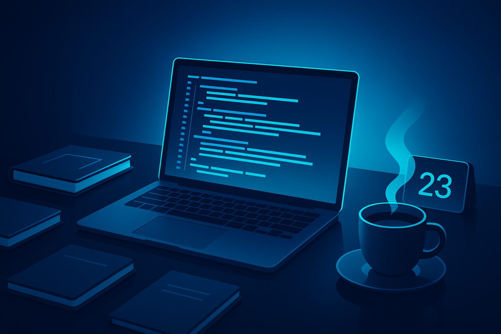 Modern workspace with laptop, notebooks, calendar, and coffee illuminated by cyan neon glow.