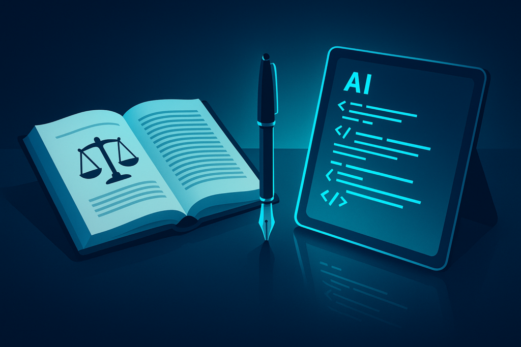 Modern workspace with law book, digital tablet displaying AI code, vintage pen, neon glow backdrop.
