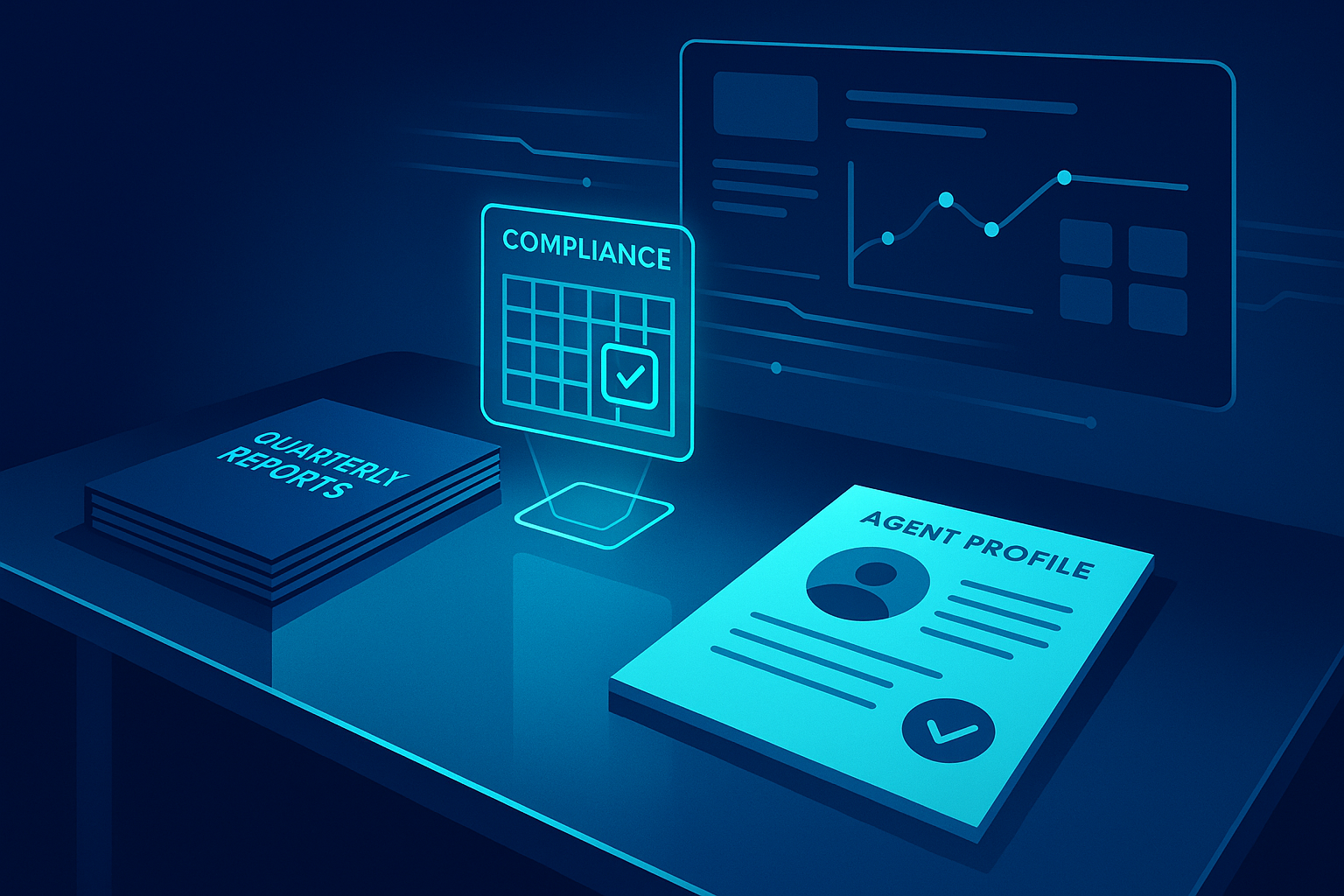 Modern workspace with neon-lit desk, holographic calendar, data streams, and CRM dashboard.