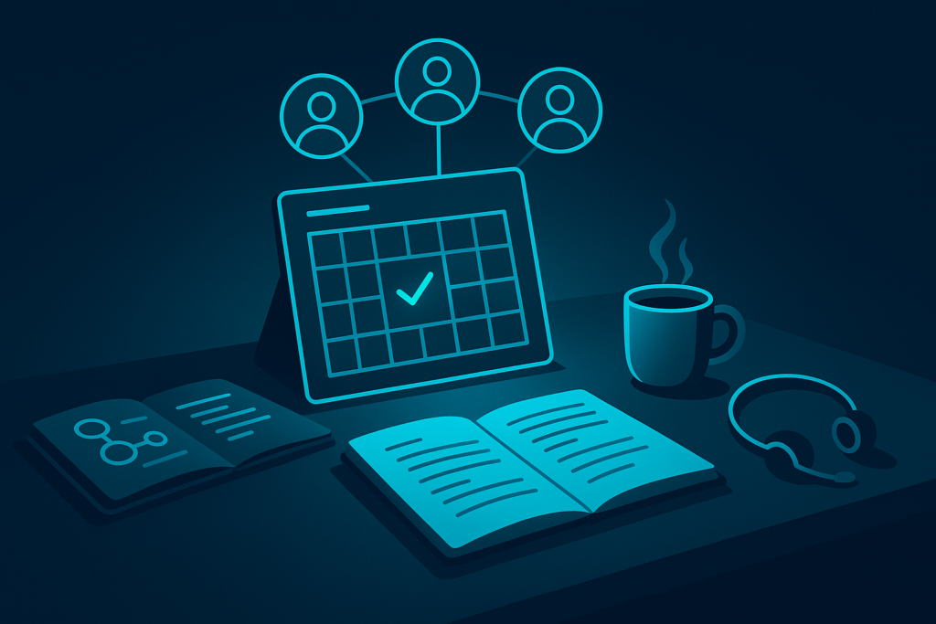 Modern workspace with notebooks, digital calendar, profile icons, coffee, and headset in neon glow.
