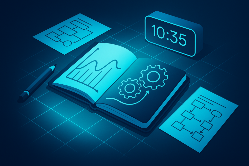 Modern workspace with open ledger, charts, gears, clock, pencil, diagrams, and glowing blueprint overlay.