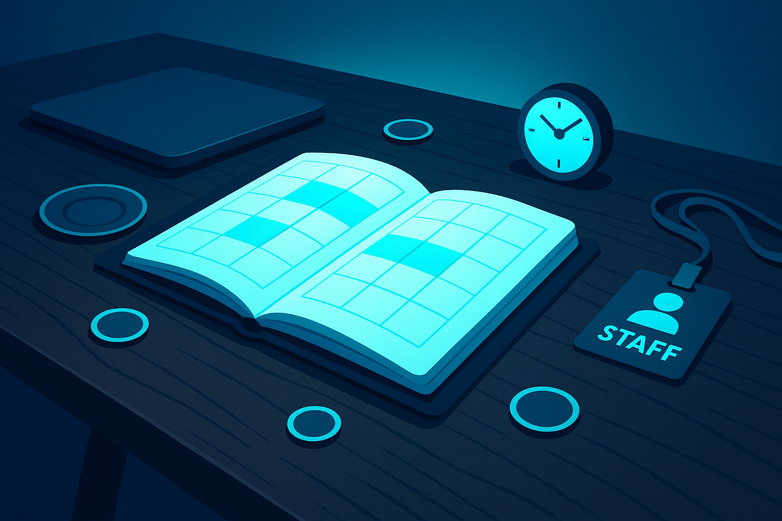Modern workspace with open planner, event tokens, and neon lighting reflecting scheduling efficiency.