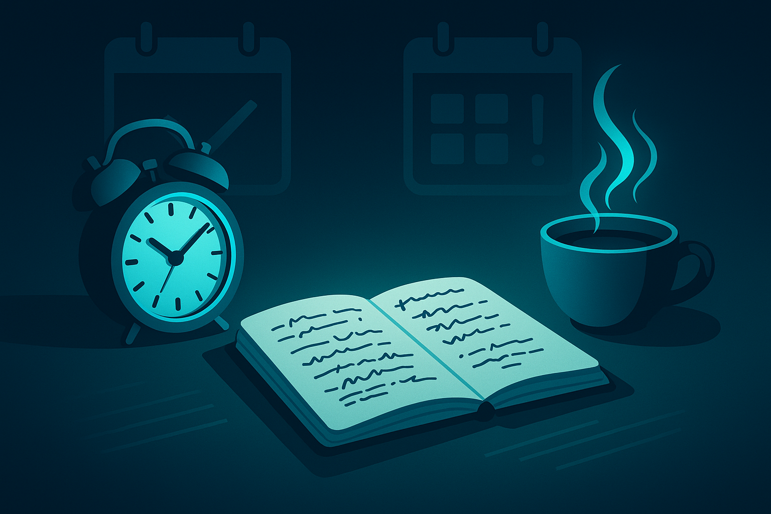 Modern workspace with vintage clock, notebook, coffee, and digital calendar icons on dark blue background.