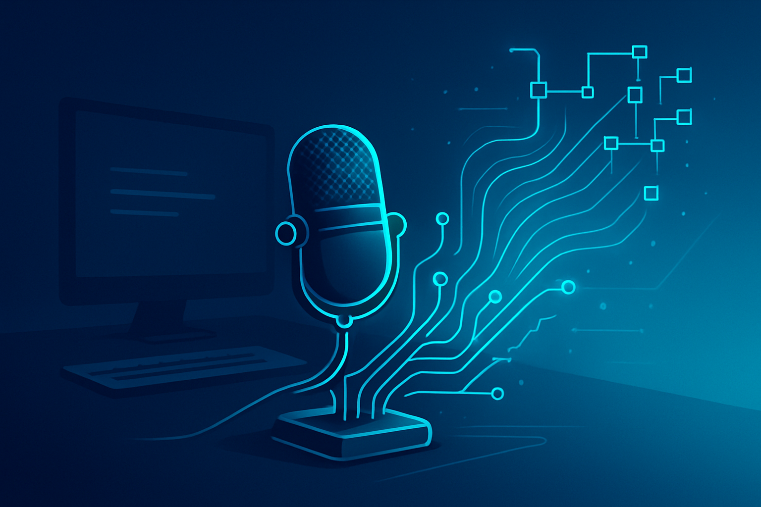Vintage microphone on a modern workspace, symbolizing the evolution of digital assistants