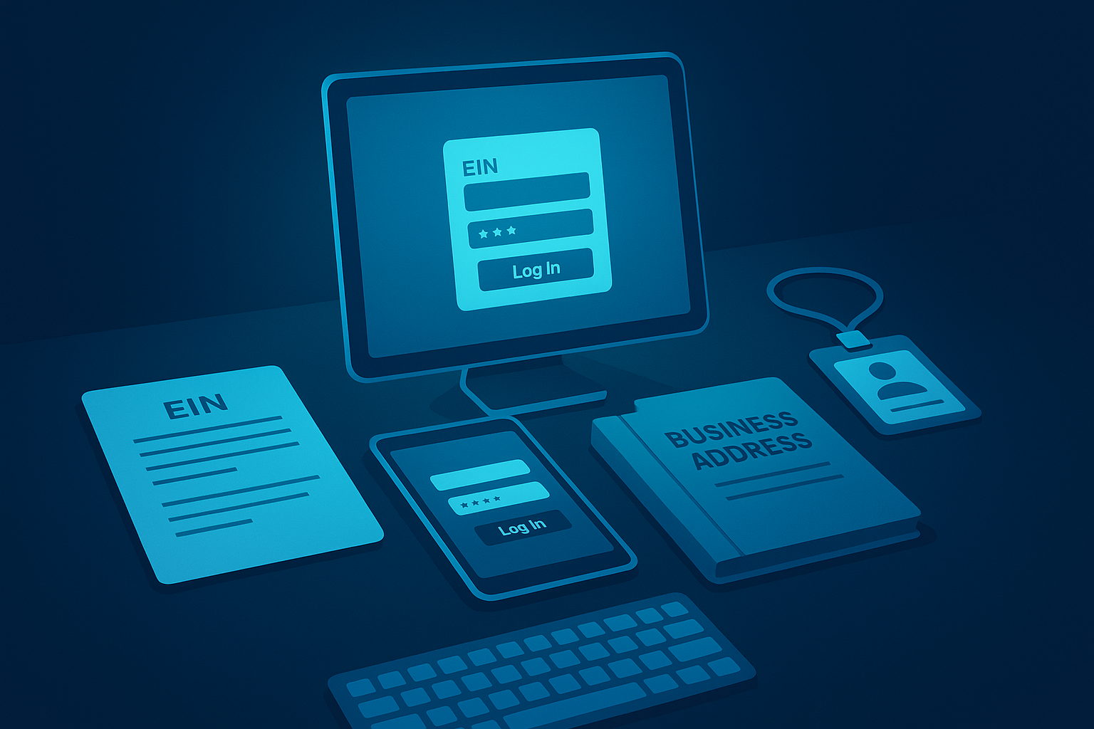 Modern workstation with documents, tablet, ID badge, and keyboard in neon-lit tech setting.