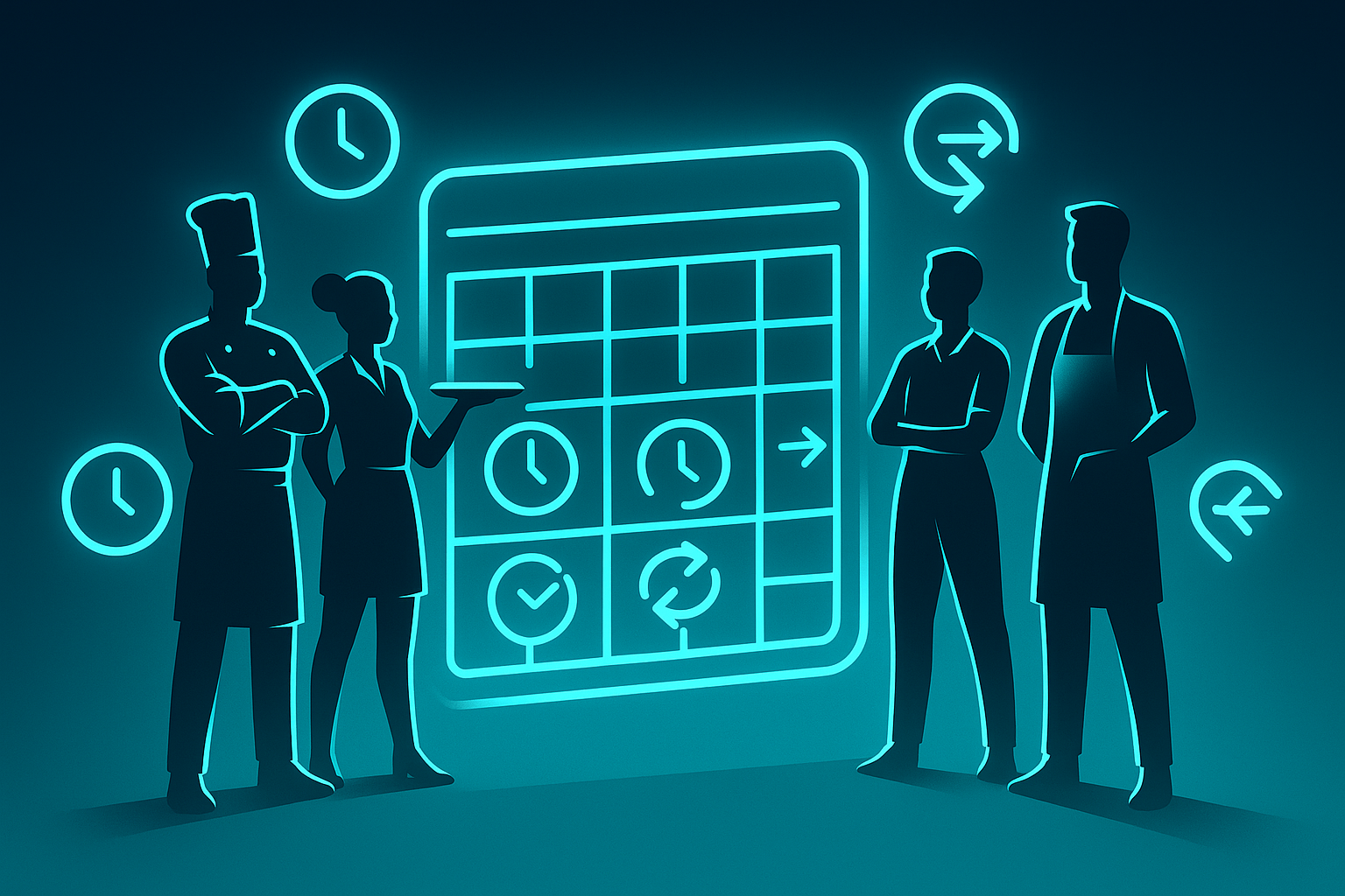 Neon cyan calendar with icons, surrounded by diverse restaurant staff silhouettes and glowing shadows.