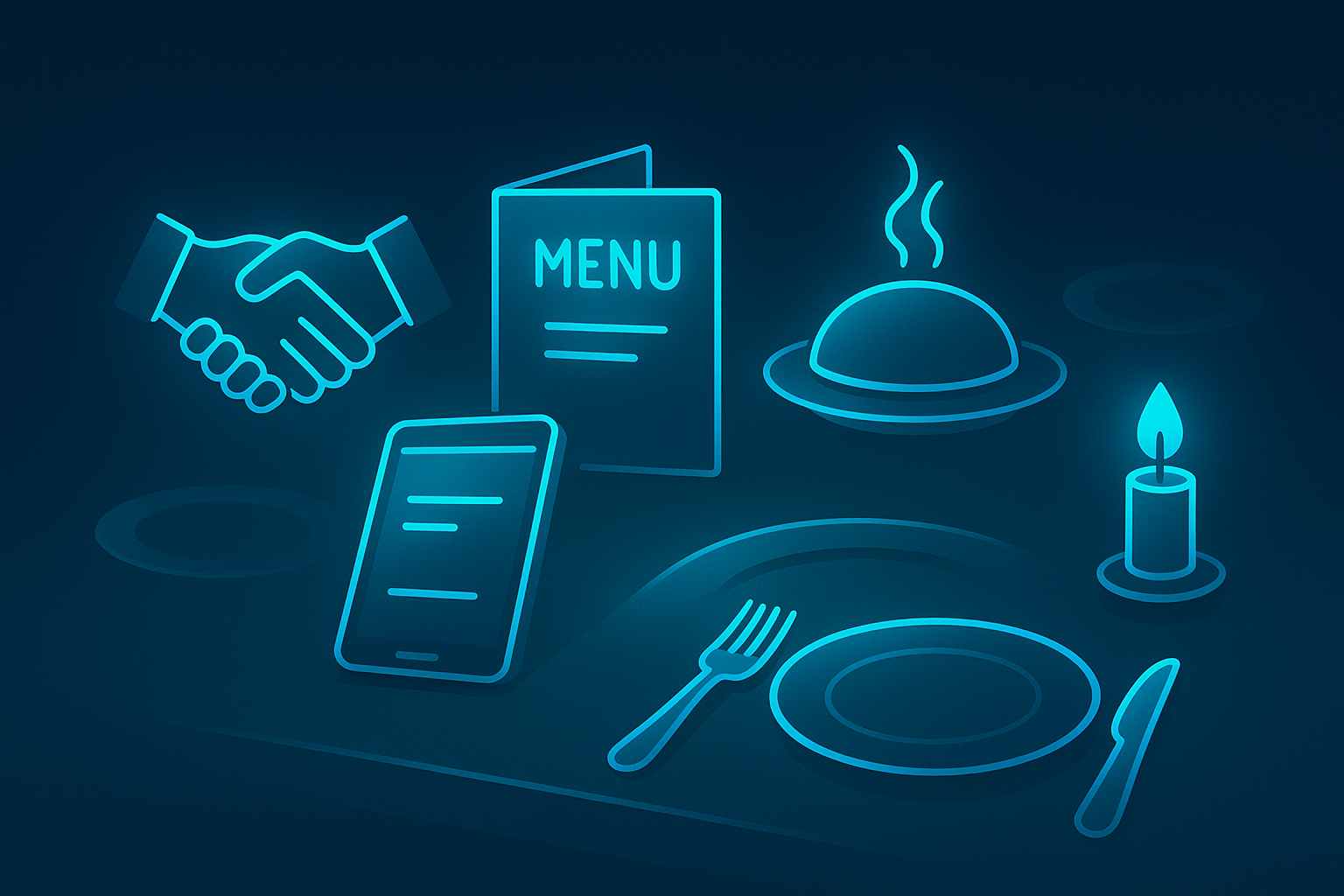 Neon-lit digital restaurant scene with handshake, menu, tablet, food, utensils, and candle.