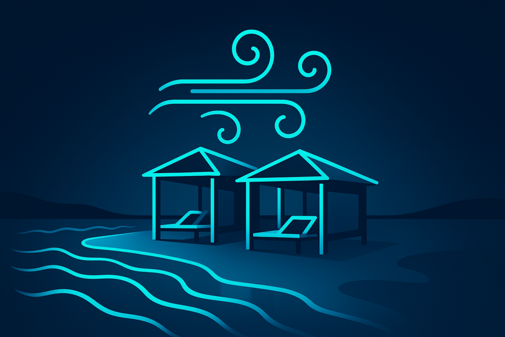 Nighttime beach scene with neon waves, abstract cool air currents, and sleek cabanas.