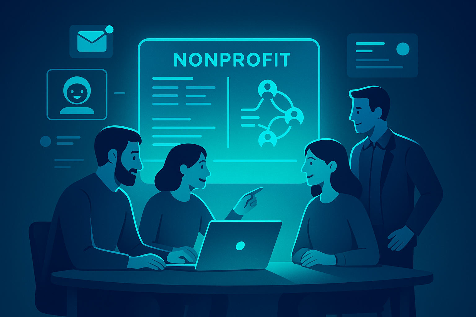 Nonprofit team collaborating around glowing digital dashboard with AI interfaces in dark neon-lit setting.